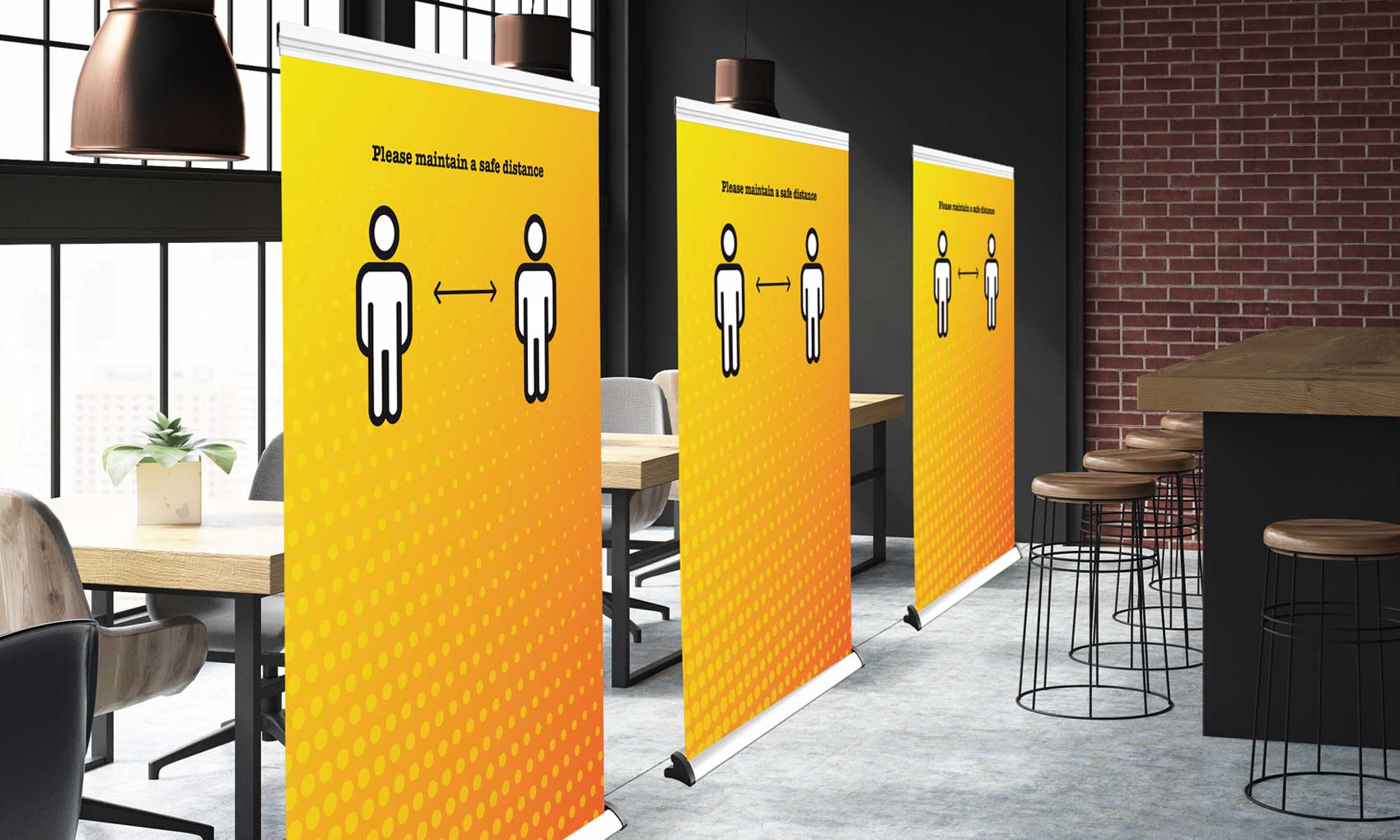 Roller banner divider screens provide a temporary physical barrier between tables