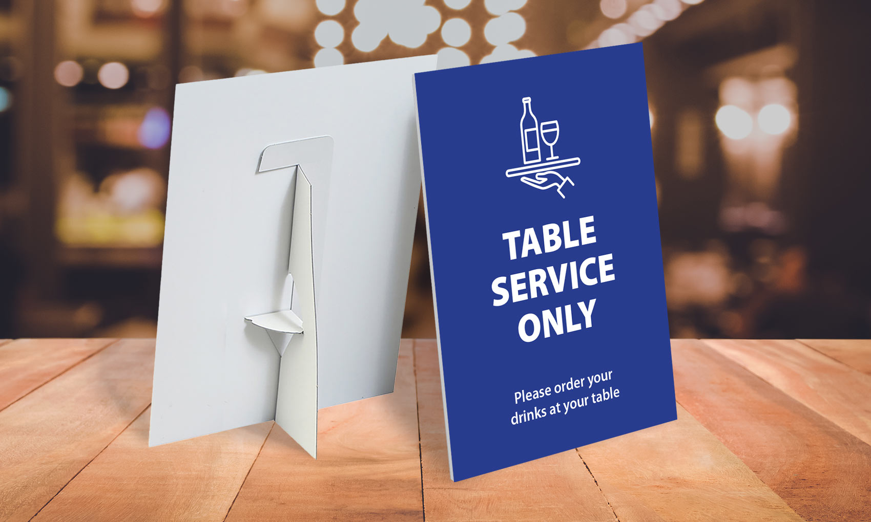 Implement social distancing at the bar with bar top strut cards