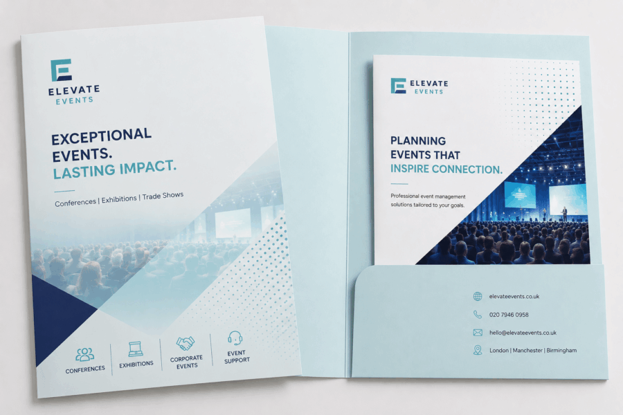 Two Elevate Events brochures in a light blue folder: the left brochure reads “EXCEPTIONAL EVENTS. LASTING IMPACT.” with conference imagery; the right brochure shows “PLANNING EVENTS THAT INSPIRE CONNECTION” and an audience photo. The overall design uses a blue color palette and geometric panels.