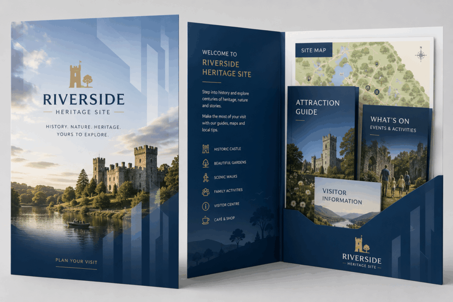 Open Riverside Heritage Site brochure showing a castle image and blue branding panels, inviting a visit (promotional landscape with 'Riverside Heritage Site').