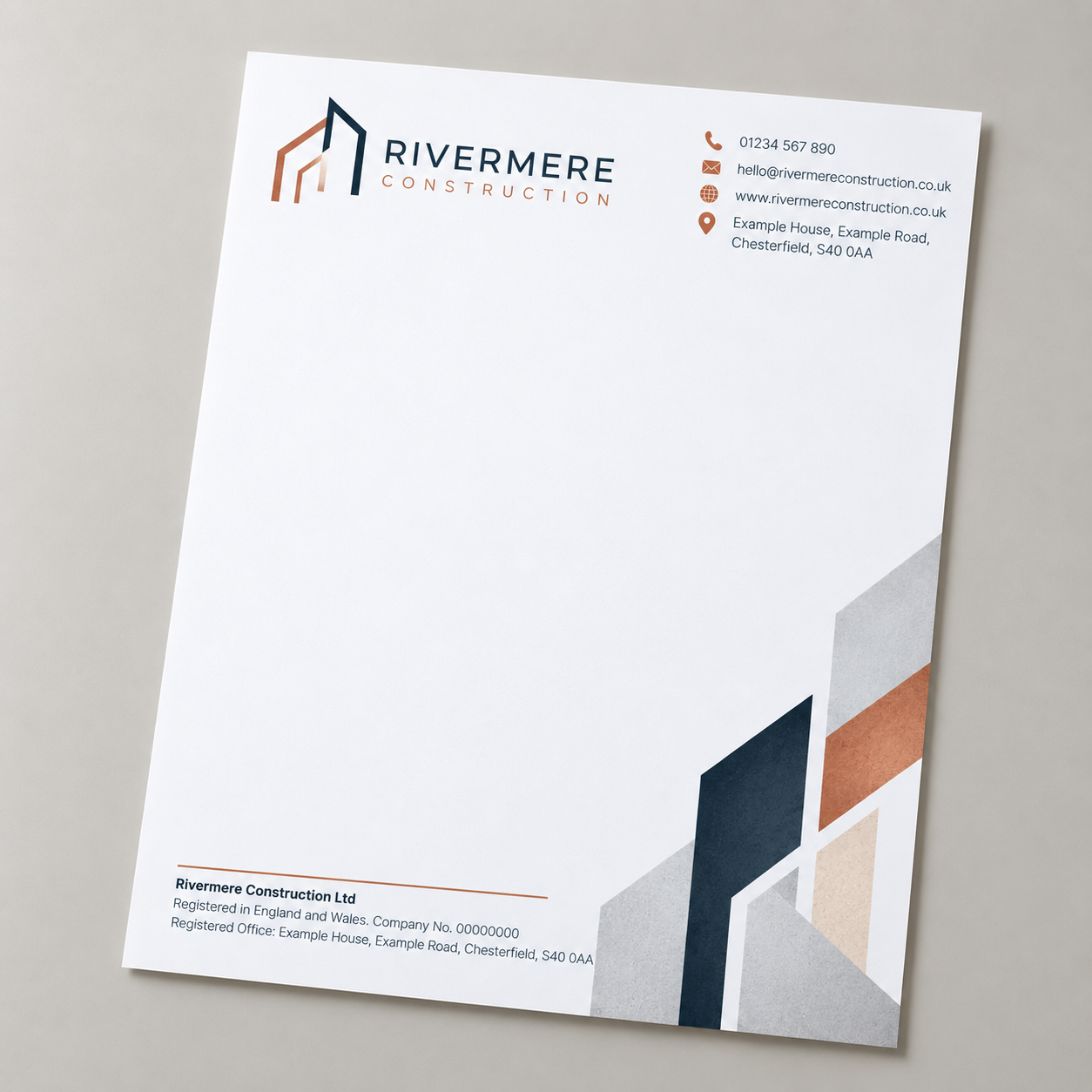 Branded company letterhead example using colour, contact details and registered company information