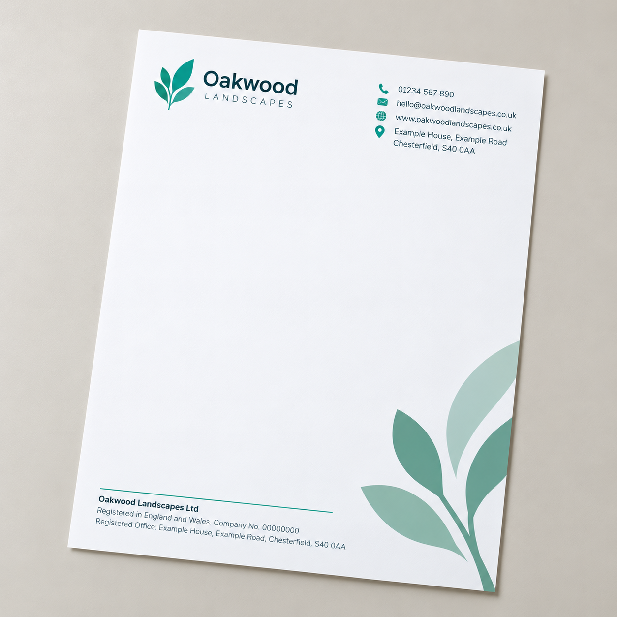 Simple company letterhead example with logo, contact details and registered company information